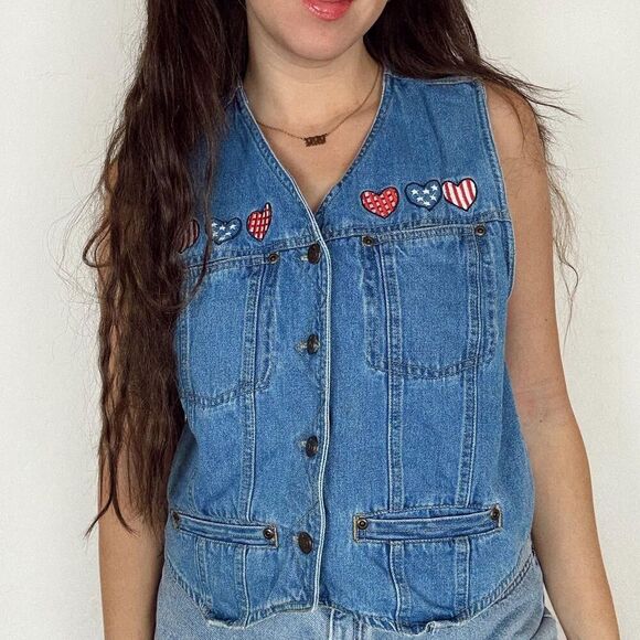 American Vintage Jackets & Blazers - vintage solutions denim vest embroidered patriotic flag heart patches
